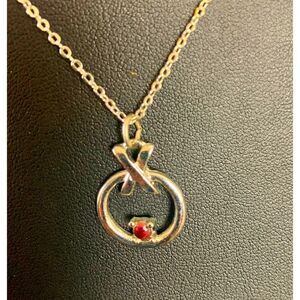 Vintage Silver tone Circle Pendant Necklace w/Red center stone, Stamped